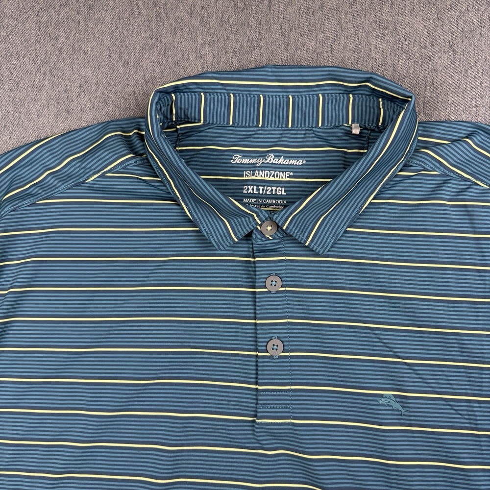 TOMMY BAHAMA Shirt Mens 2XLT Tall IslandZone Polo Striped Blue Green Stretch